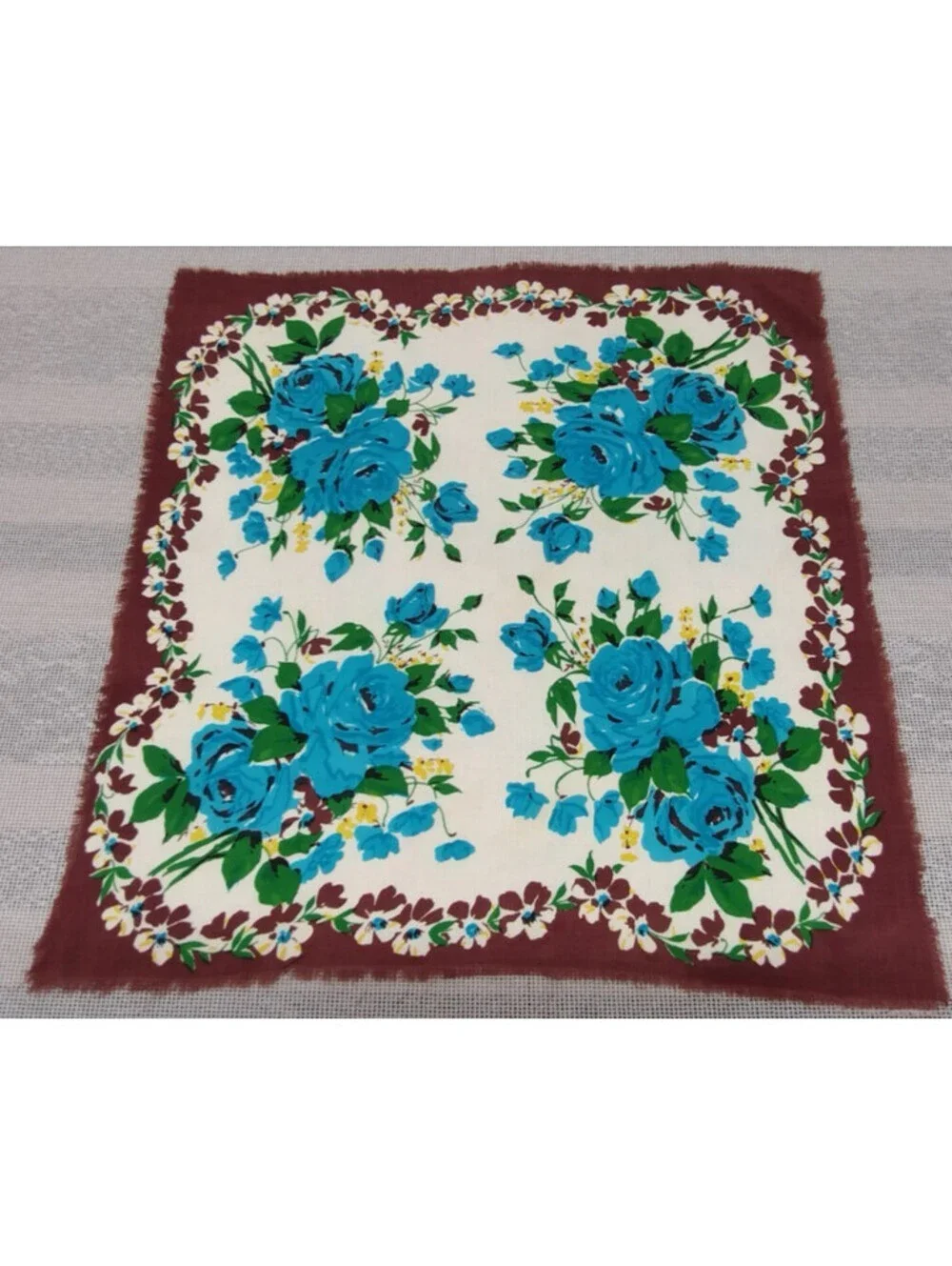 Vintage 1940s Turquoise Roses Cowboy Scarf 1950s Unisex Rockabilly Brown Rayon